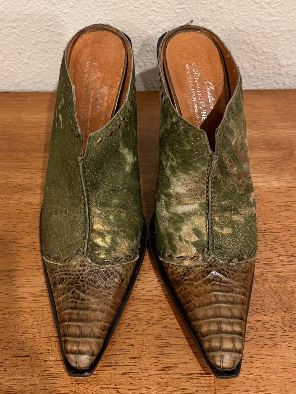 Vintage Donald J. Pliner Italian-Made Olive Cowhide Mule Heels